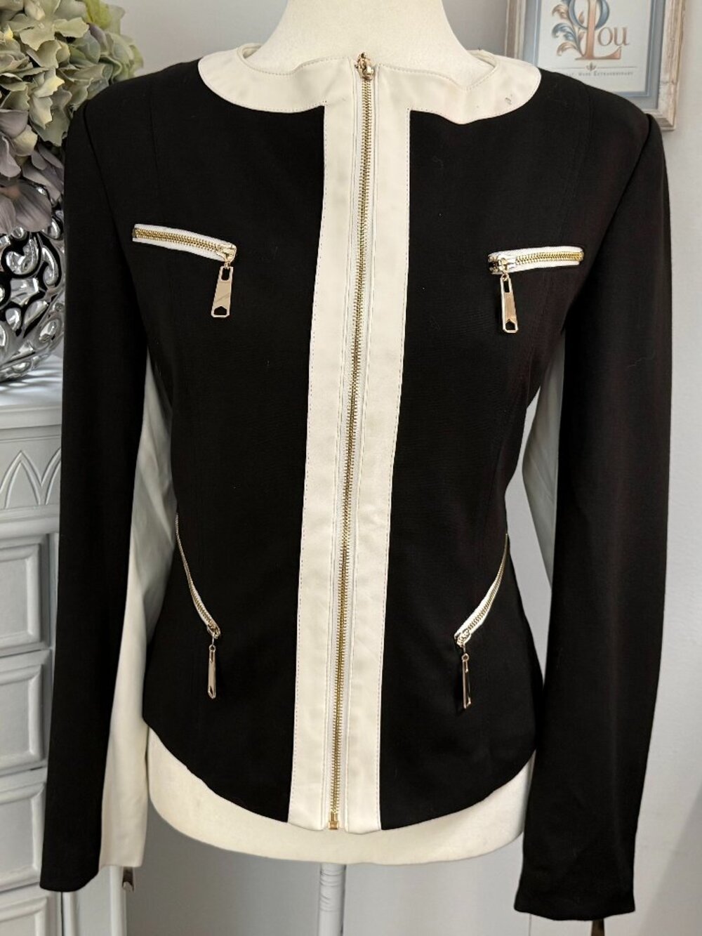 Lena Gabrielle Black Ivory Gold Zip Jacket Size 4 NWT Flaws
